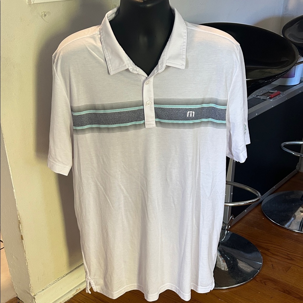Travis Mathew White Polo with Gray and Blue Stripes